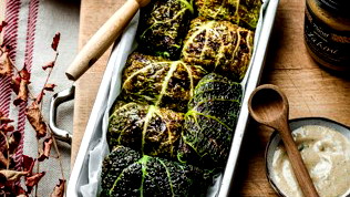 Image of Middle eastern cabbage wraps with tahini dipping sauce